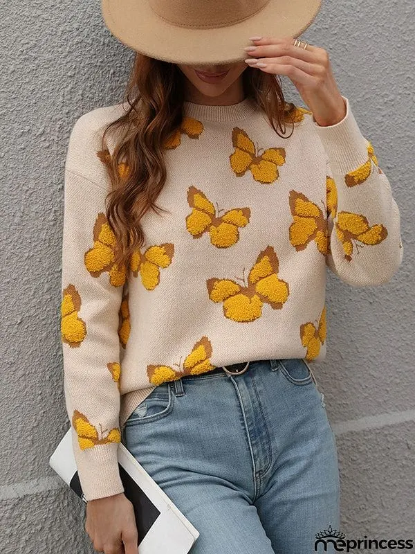 Original Long Sleeves Loose Butterfly Print Contrast Color Round-Neck Sweater Tops