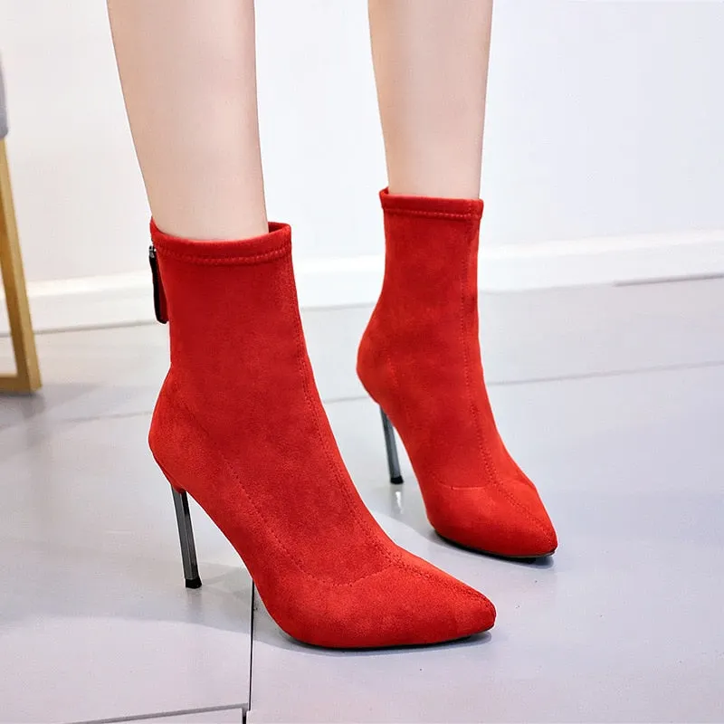 Europea High Heeled Boots Woman Elastic Socks Boots Women's Mid Calf Boots Pointed toes Sexy Booties Chunky Heel Shoes Red