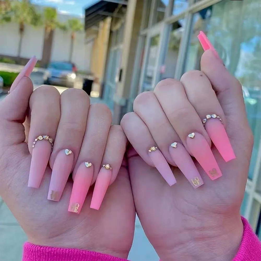 24pcs/Box Matcha Green Color With Rhinestone Long Coffin False Nails Full Cover Ballerina Press On Nails Wearable Fake Nails