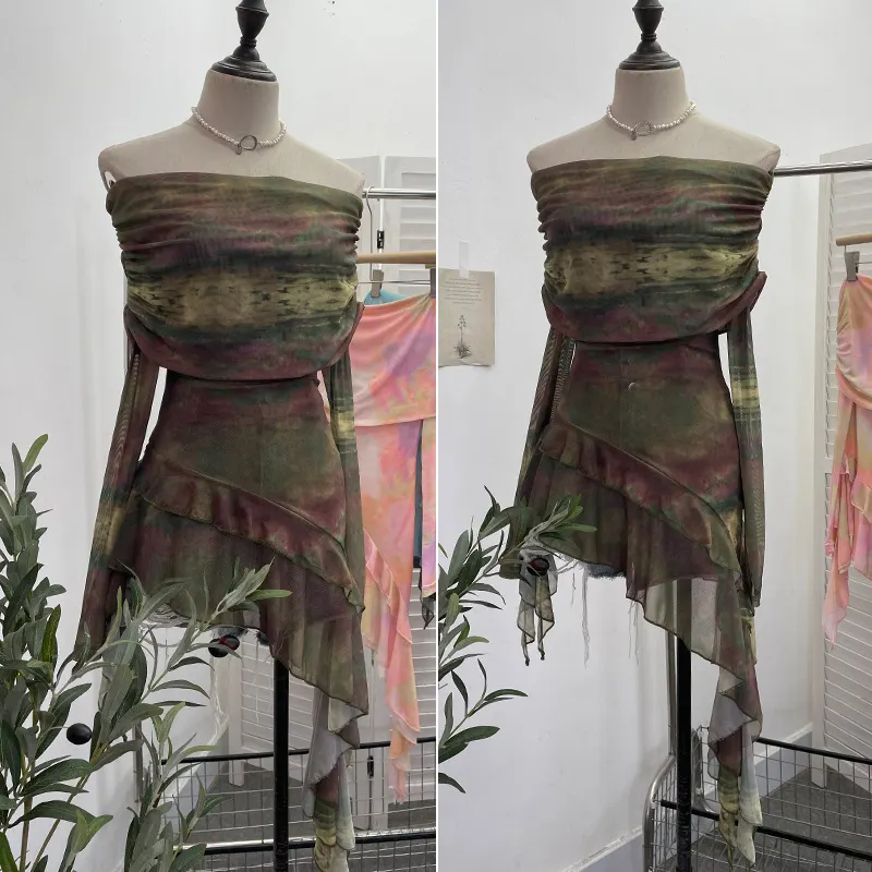 Brownm Sweet And Spicy Shoulder Dyed Printing Mesh Long-Sleeved Coat Folds Irregular Ribbon T-Shirt 9997