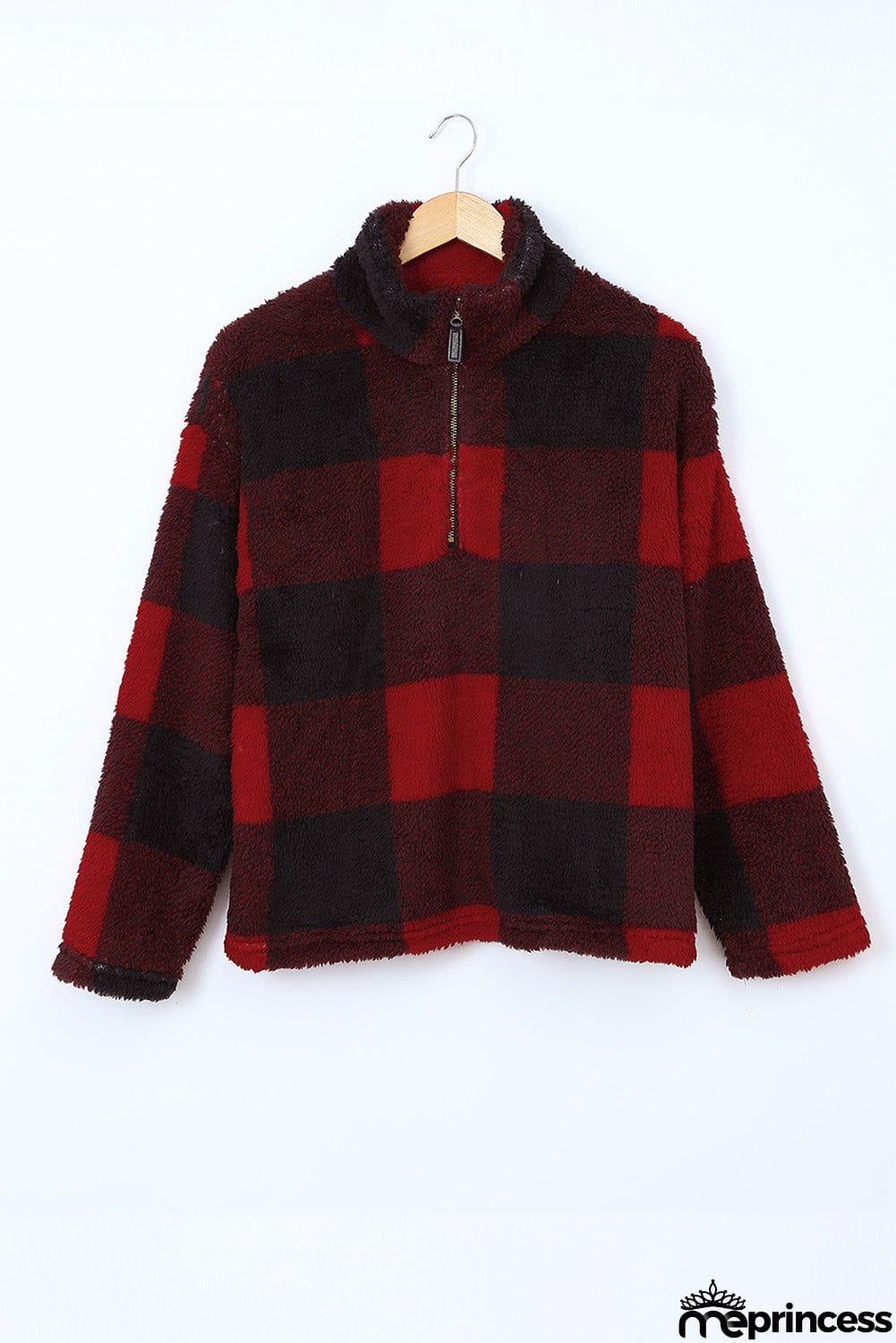 Women's Winter Red Plaid Zip Collar Plush Pullover Sweatshirt