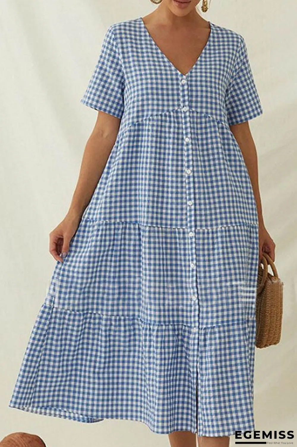 Paneled Plaid Print Buttons Down V-neck Casual Midi Dress | EGEMISS