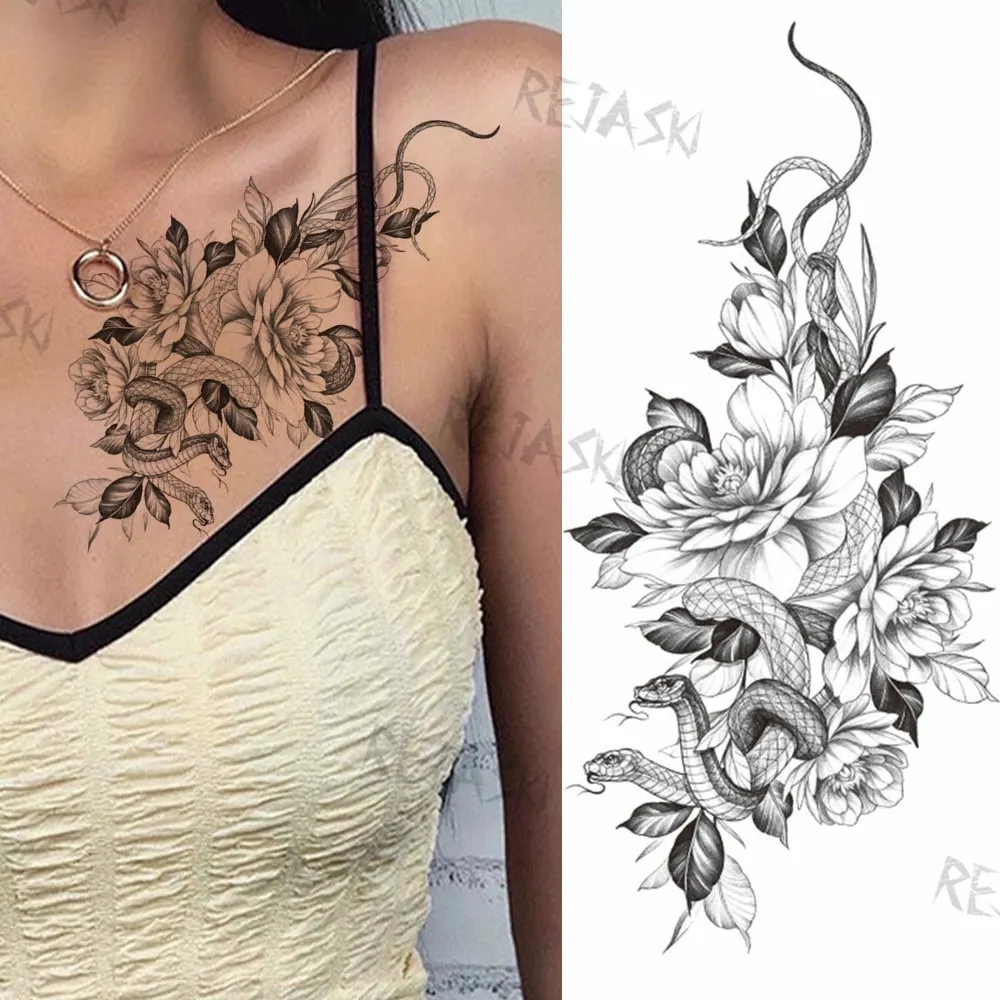 Sdrawing Rose Jewelry Water Transfer Tattoo Stickers Women Body Chest Art Temporary Tattoo Girl Waist Bracelet Flash Tatoos Flower