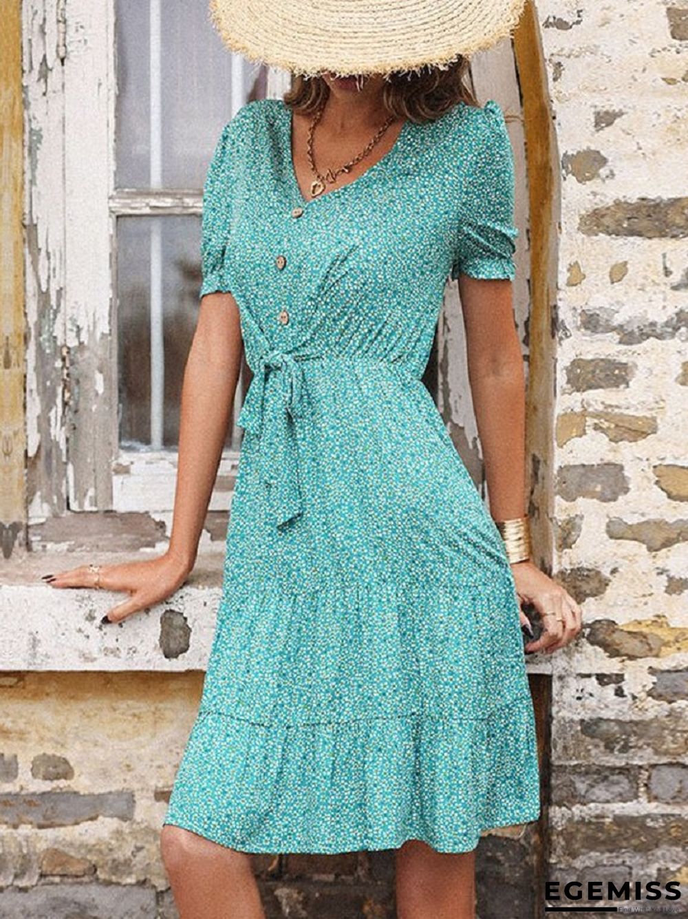 Floral Skirt High Waist Green Slim Slim V-neck Dress | EGEMISS