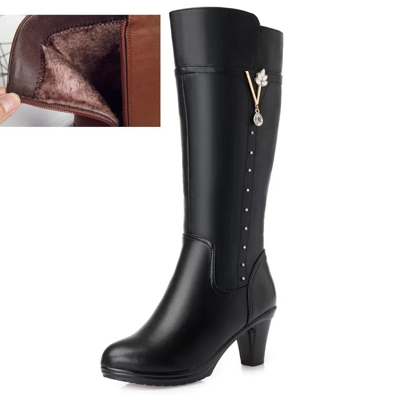 Women's winter boots 2021 new genuine leather female boots size 43 warm high-heeled wool boots women trend riding boots women
