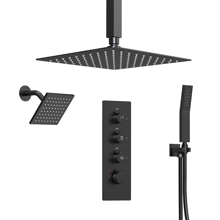EVERSTEIN Rainfall Three Heads Shower System in Matte Black SFS-1061-BK16