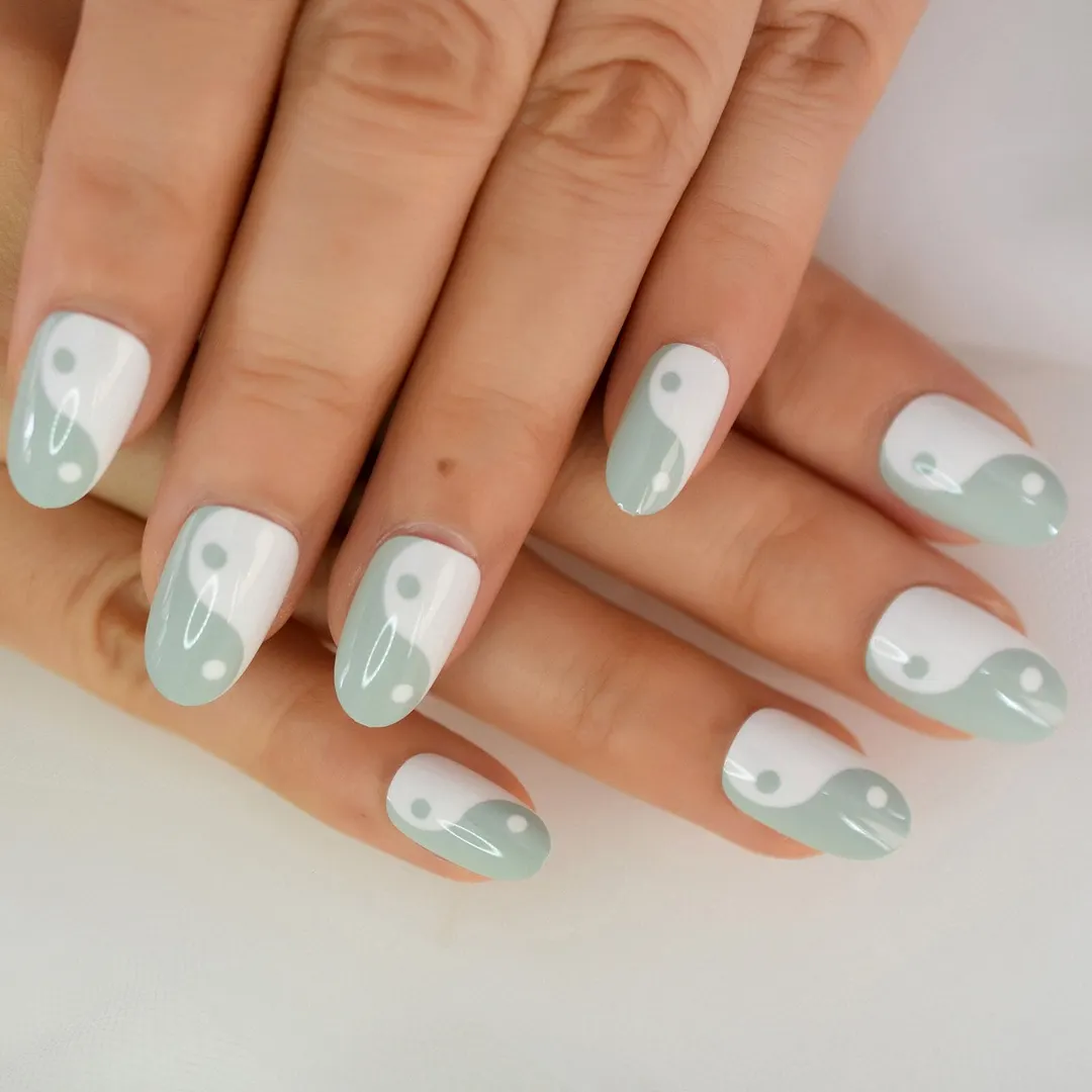 Tai Chi Two Meter White Light Green Press On Full Cover Nail Tips Supplies For Professionals Almond Medium Short Chinese Style-Nail Inspo