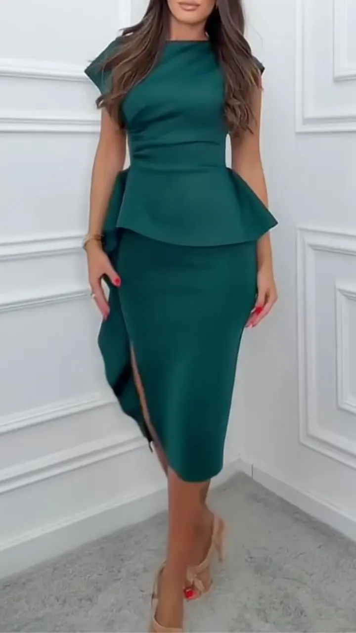 Women's Round-Neck Ruched Ruffle Slit Bodycon Dress
