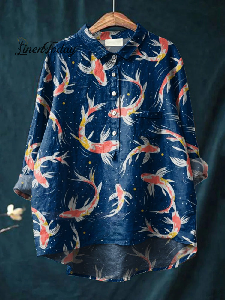 Women&rsquo;s Fish Art Print Casual Cotton And Linen Shirt Multicolor / S