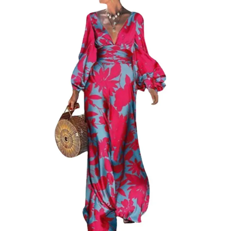 Brownm Brownm High-Waisted Commuter Dress Printed Lantern Sleeve V-Neck Winter Dress 661