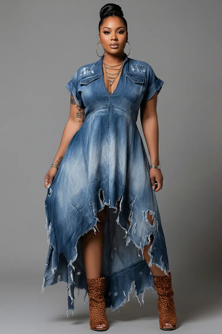 Xpluswear Design Plus Size Party Blue V Neck Short Sleeve Ripped Asymmetric Hem Denim Midi Dresses 2024 - Xpluswear