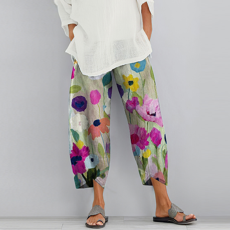 Vintage Color Block Floral Printed Casual Pocket Pants artswardrobe
