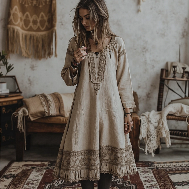 Vintage Traditional Embroidery Art Linen Maxi Long Dress