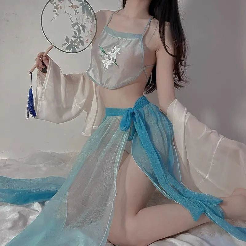 OJBK Women Sexy Lingerie Chinese Traditional Bathrobe Mesh Bandage Suit Girl See Through Sleepwear Blossoms Long Robes Nightgown