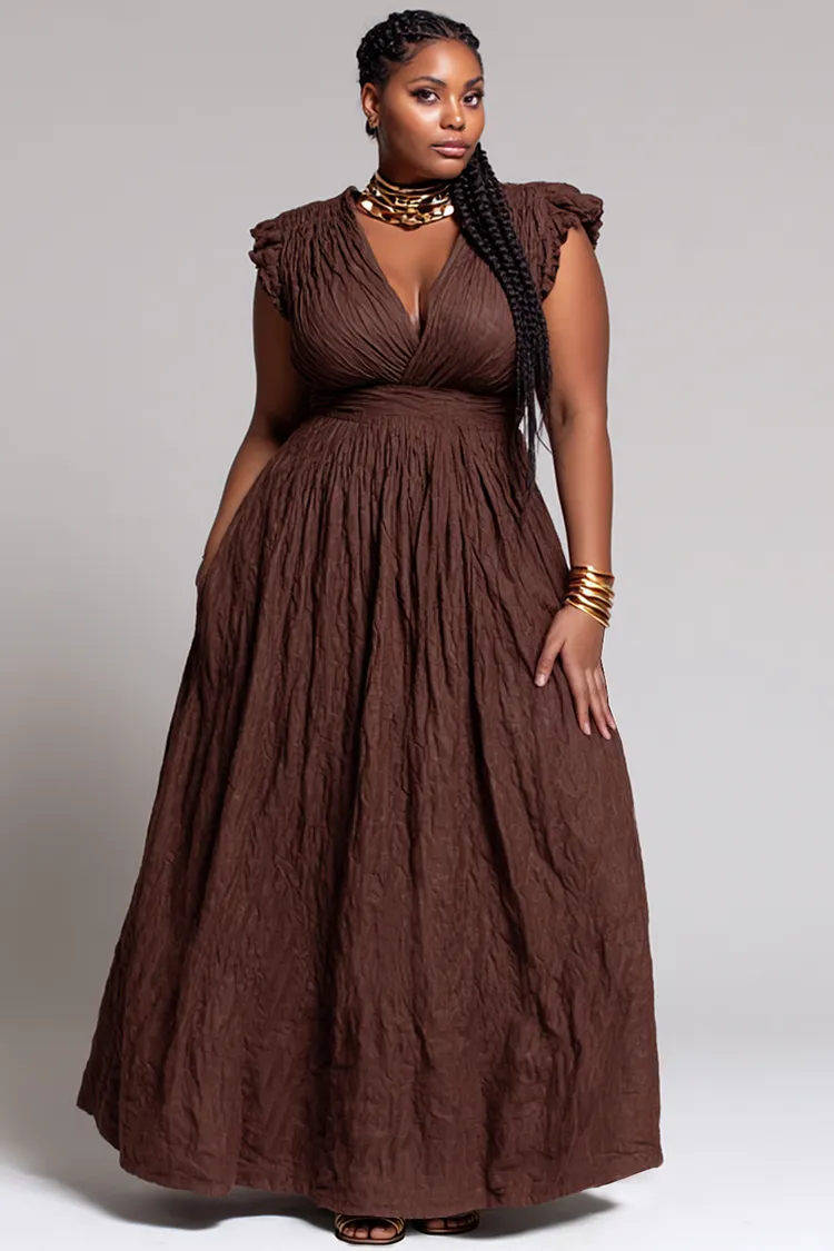 Xpluswear Design Plus Size Vacation Brown V Neck Pocket Maxi Dresses [Pre-Order] 2024 - Xpluswear