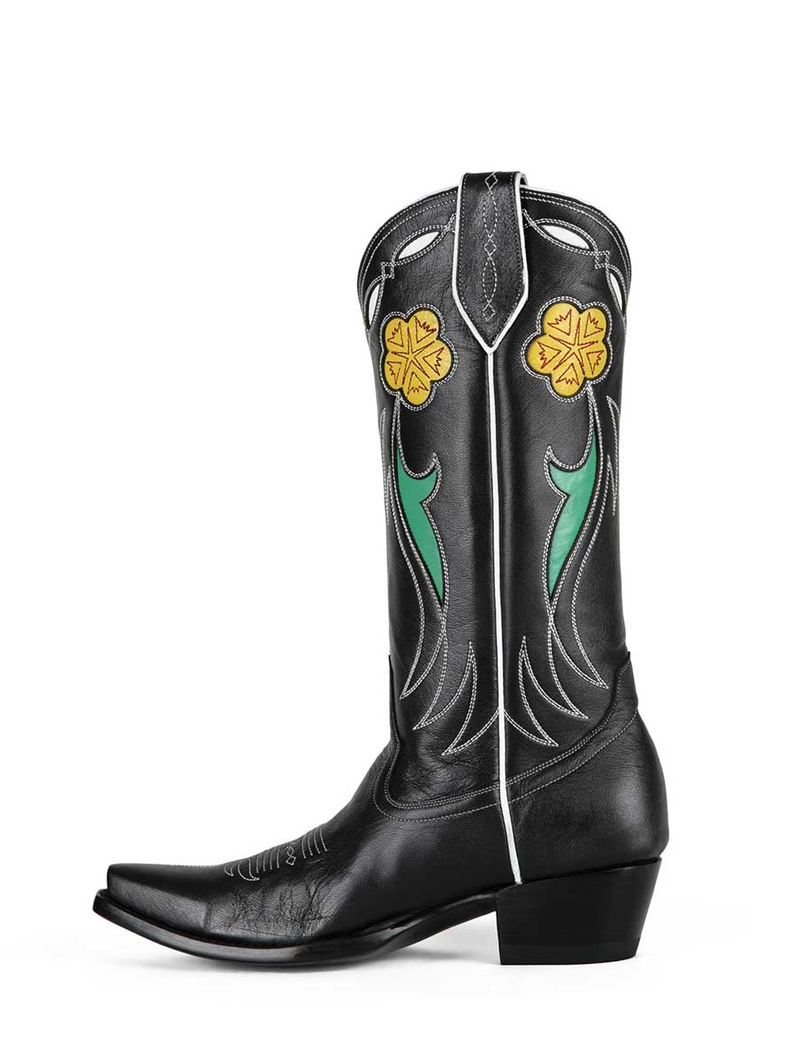 Black Vegan Leather Pointed Toe Floral Inlay Mid Calf Cowgirl Boots