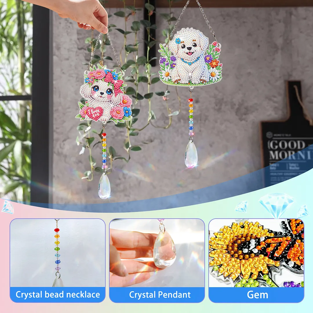 2Pcs Dog DIY Acrylic Diamond Painting Art Wind Chimes with Crystal Pendant Diamond Art Hanging Pendant Double-Sided for Adults Beginners Gift Home Garden Decor