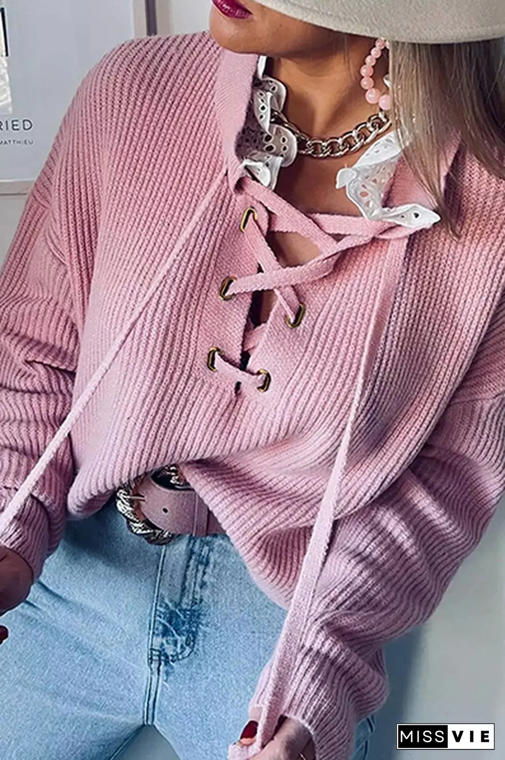 Casual Patchwork Lace Cross Straps V Neck Tops