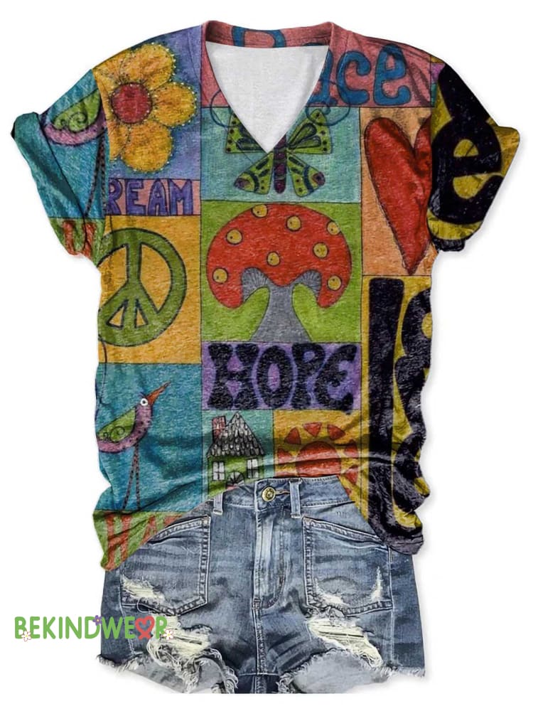 Women&rsquo;s Peace Sign V-neck Casual T-Shirt Multicolor / S