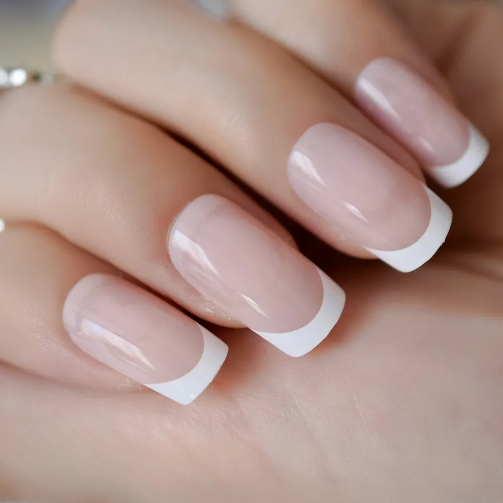 Pearl Shine Glossy Fake Nails Shimmer White Square Ombre French Nail Faux Ongles Gradient Medium Fingernails with Gluetabs-Nail Inspo