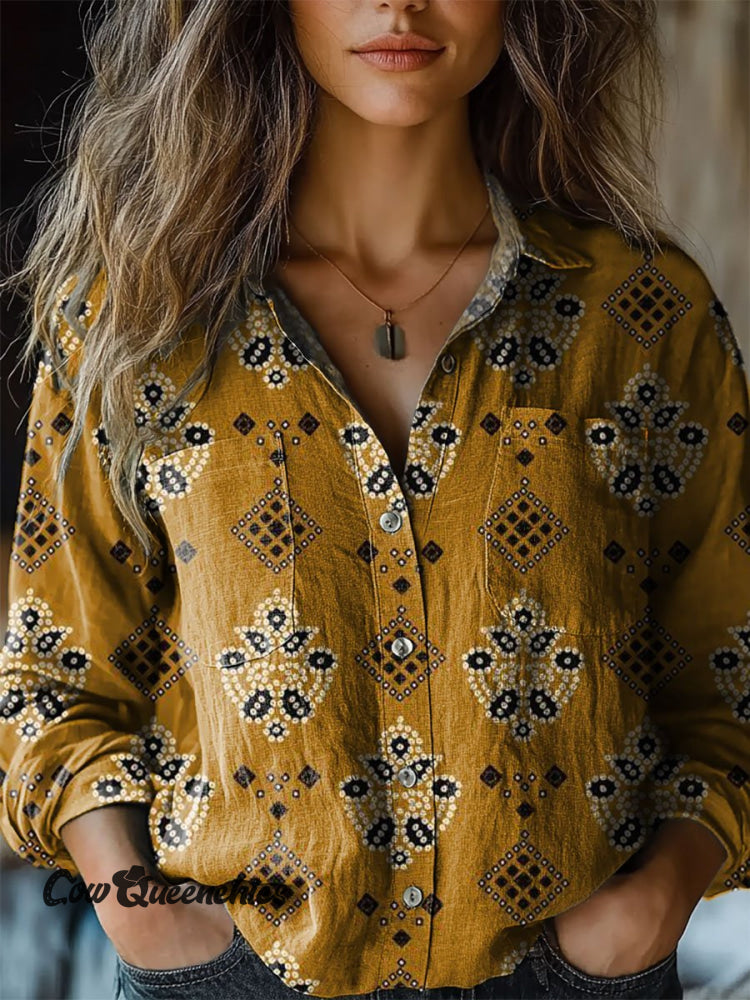 Women&rsquo;s Vintage Ethnic Pattern Art Print Casual Long Sleeve Comfortable Cotton Shirt Multicolor / S