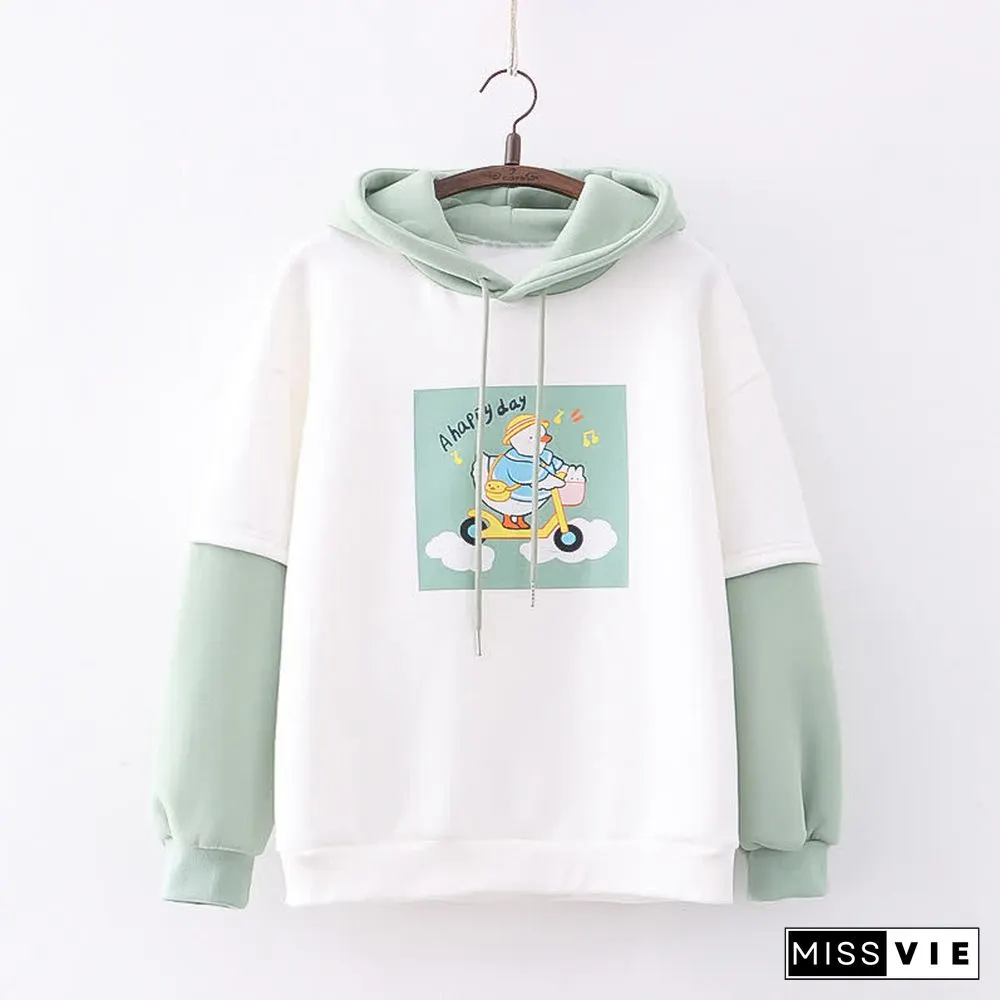 Cartoon Bunny Duck Print Colorblock Plush Hoodie