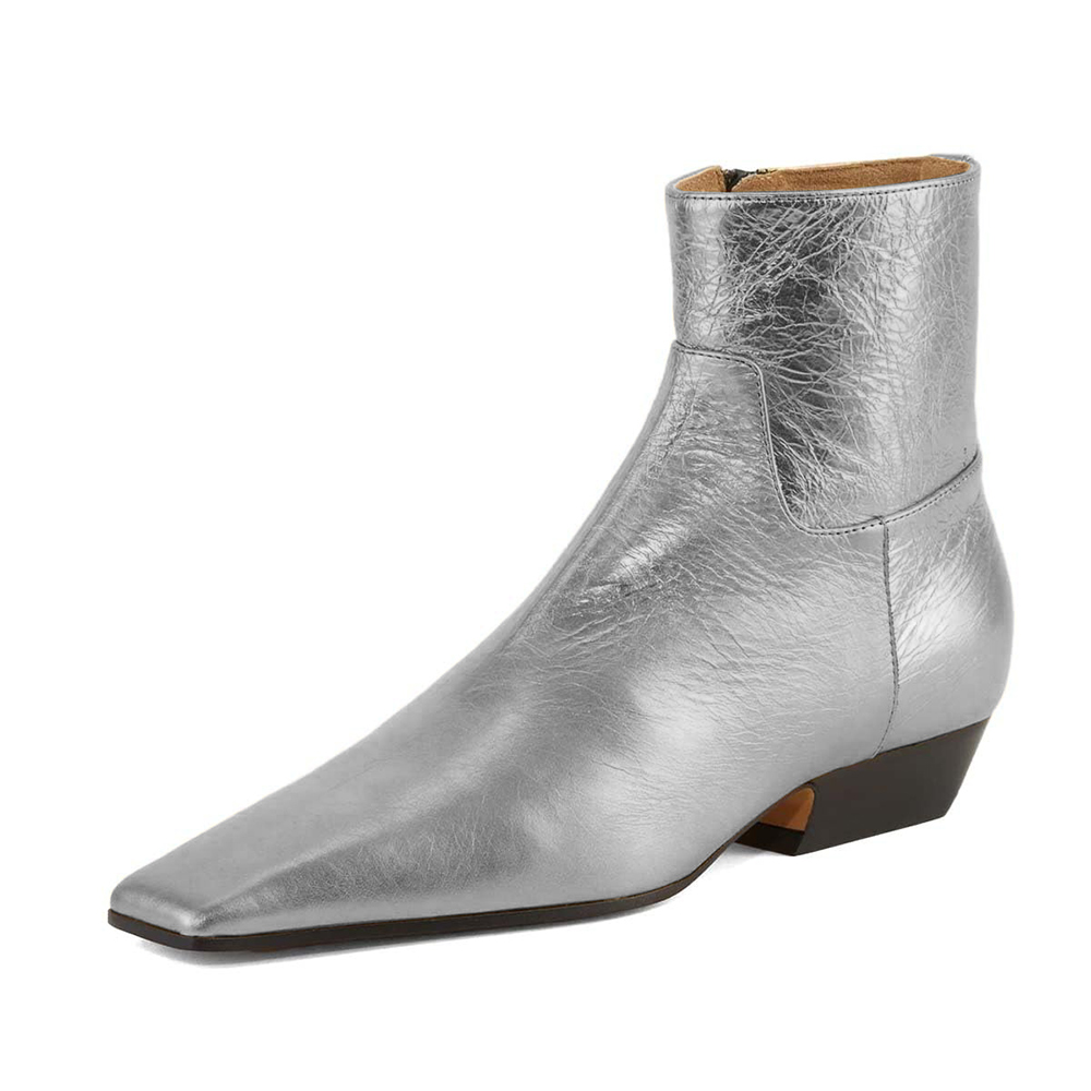 Silver Metallic Finish Square Toe Low Heel Short Boots for Women