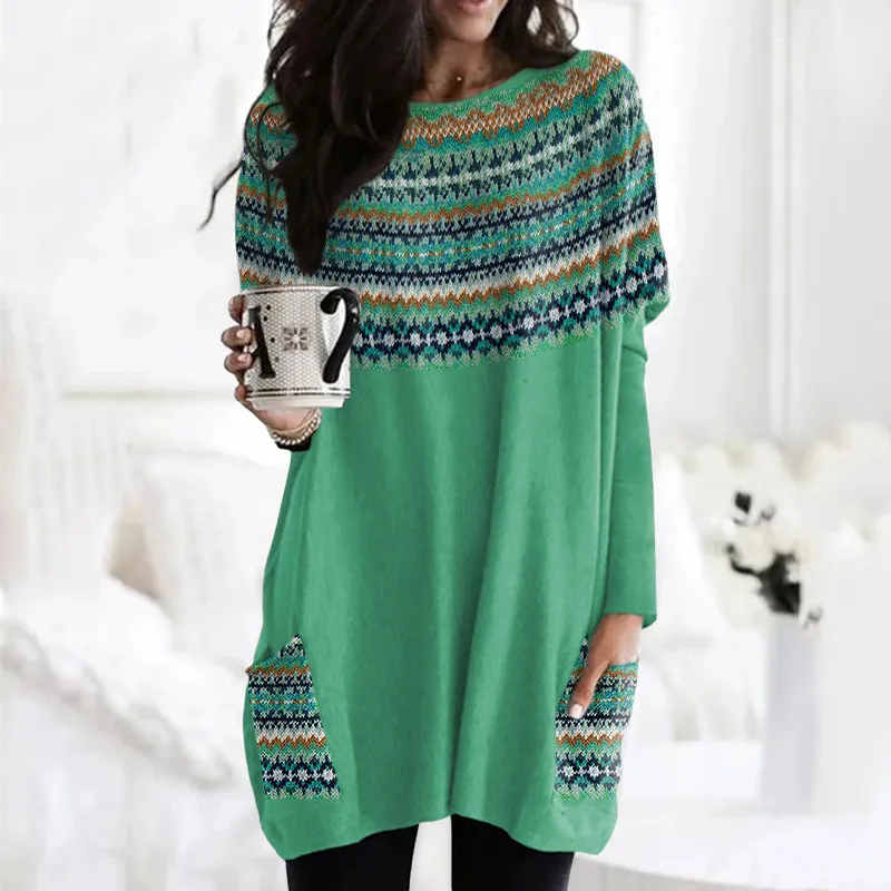 Vintage Icelandic Tribal Graphic Knit Warm Crew Neck Midi Sweater Dress