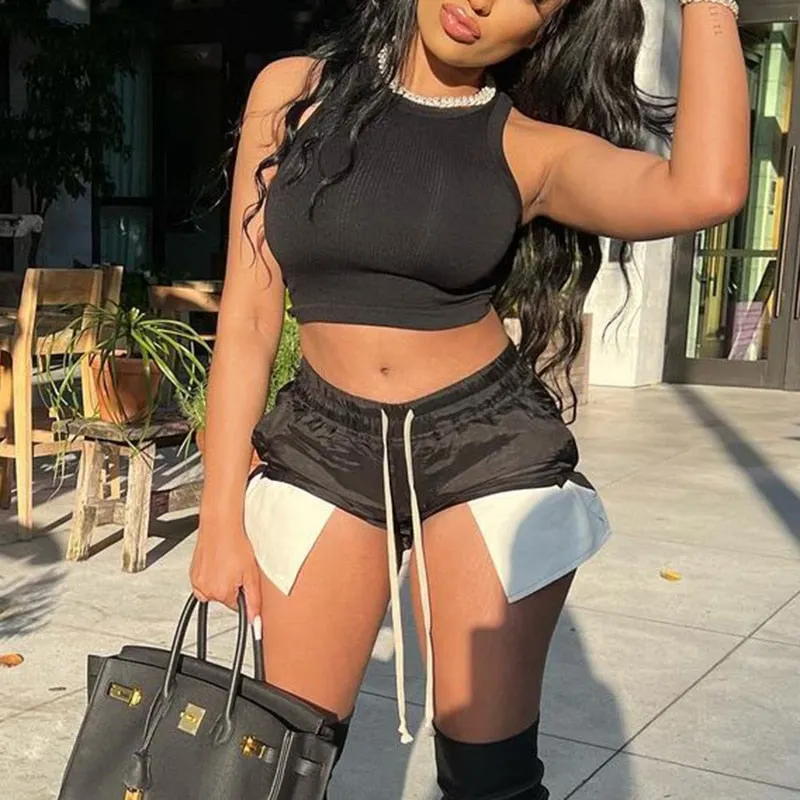 BIIKPIIK Shorts Women Fashion Mid Waist Summer Side Slit Patchwork Drawstring Shorts Color Contrast Overalls Streetwear Bottoms