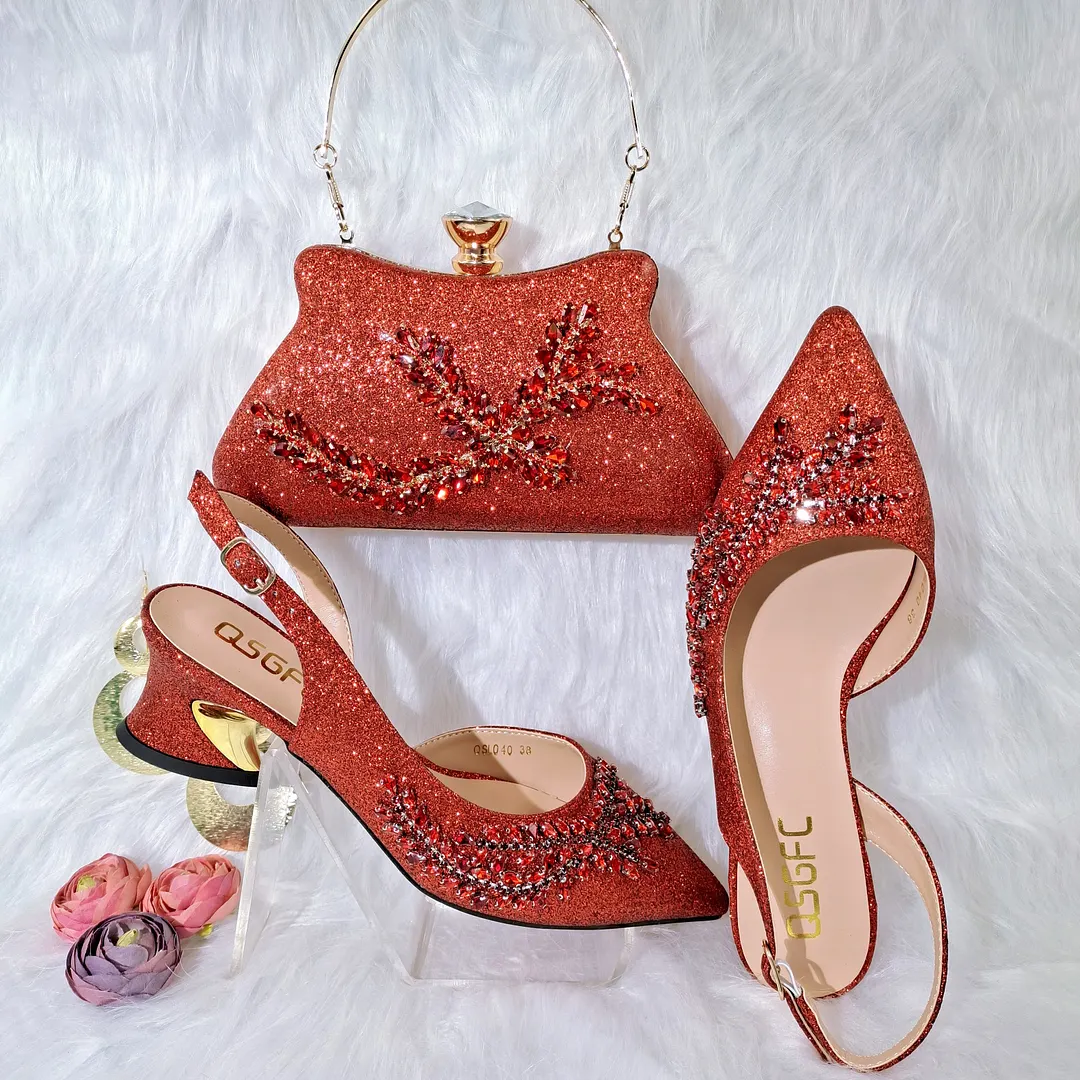 QSGFC 2022 Peach Color Shaped Mid-heel Design Shoes Popular Pointed Ladies Shoes And Bags African Wedding Party Shoes With Bag