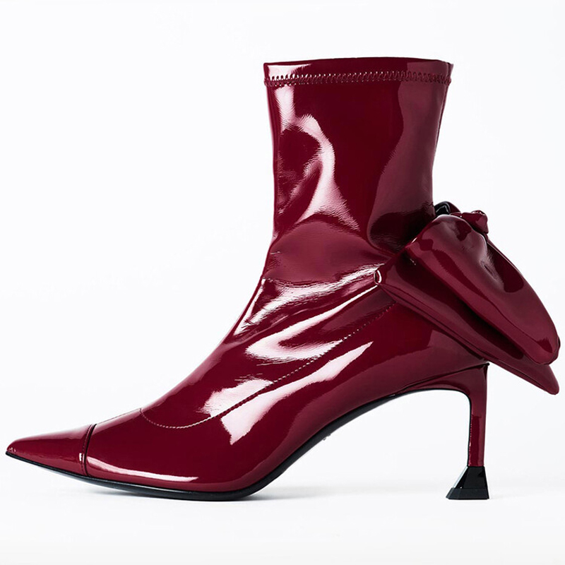 GOOSHOE Big Bow-knot Women Short High Heels Ankle Boots Bright Mirror Leather Stiletto Dress Shoes Pointed Toe Pumps