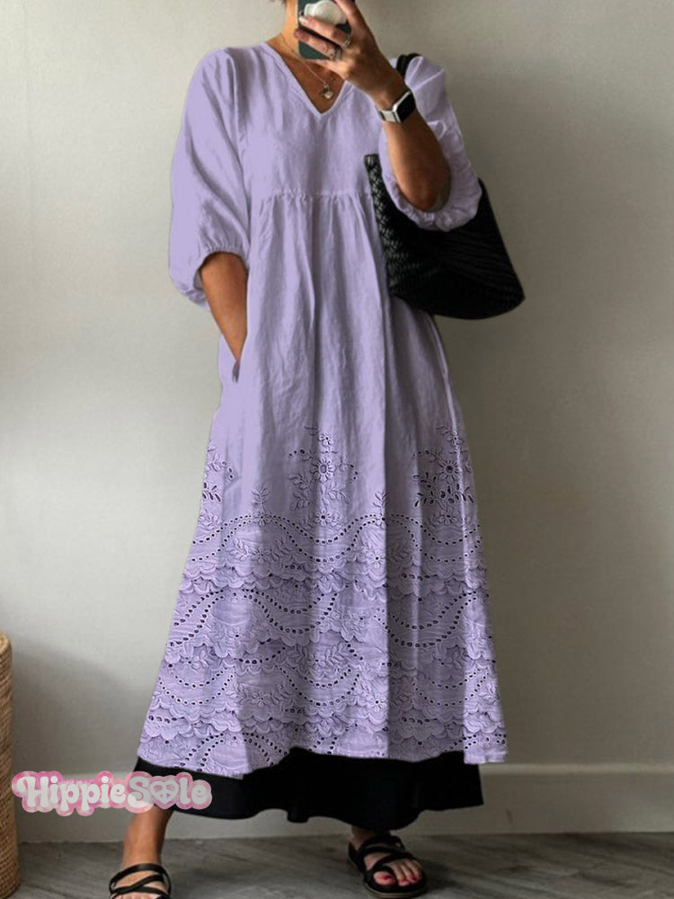 Women&rsquo;s Vintage Lovely Floral Lace Pattern Art Print Pocket V-Neck Cotton Dress Purple / S
