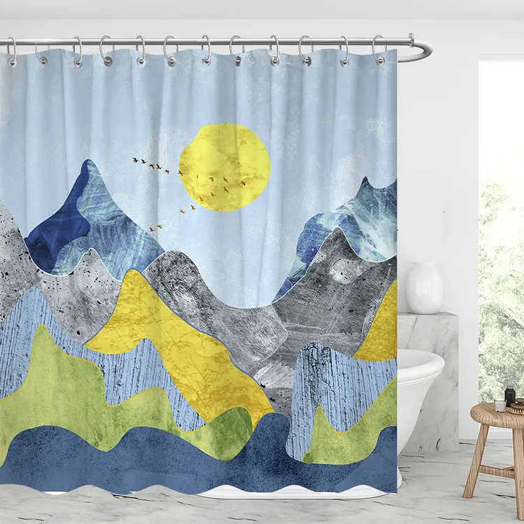 Colorful Mountain Waterproof Shower Curtains With 12 Hooks