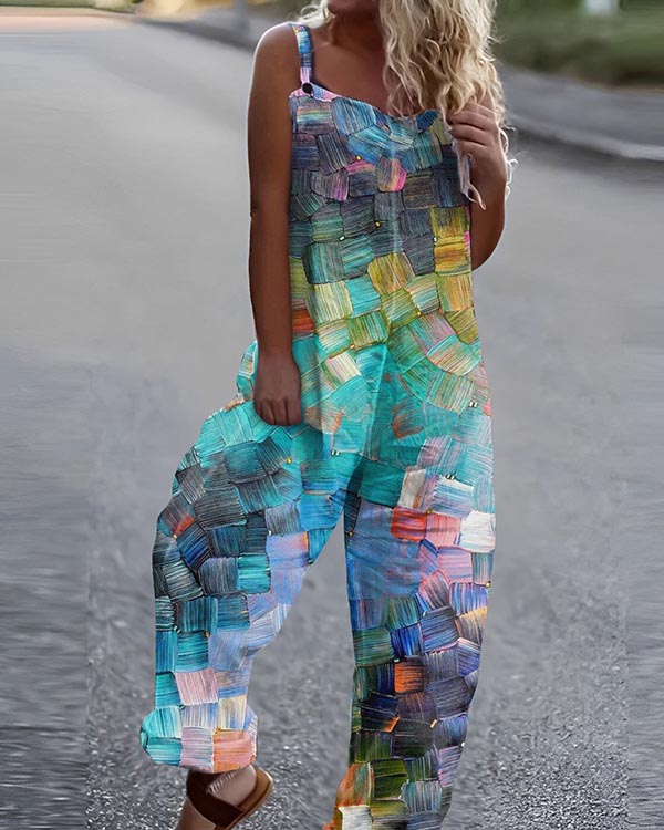 Ladies Loose Casual Art Print Jumpsuit