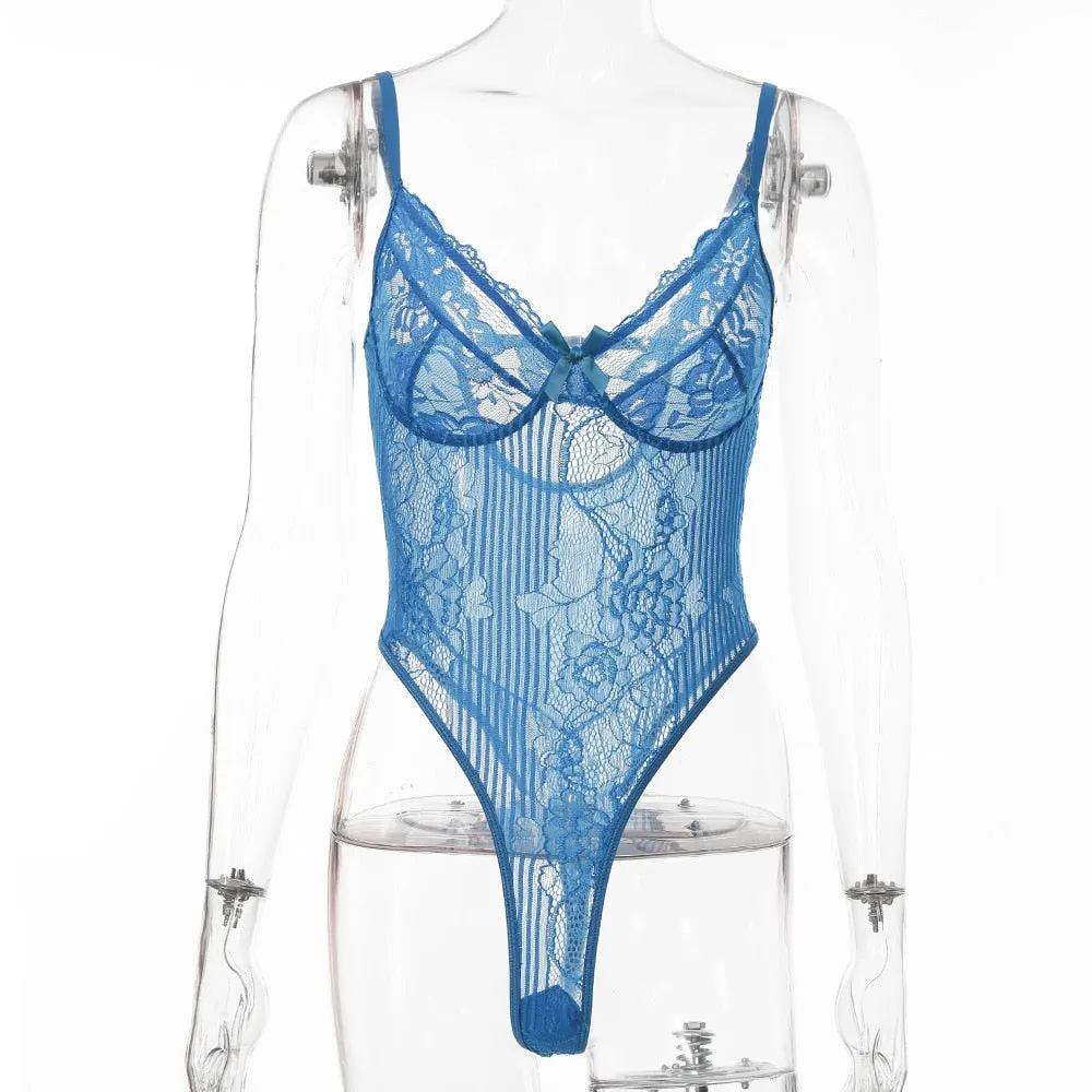 Ellolace Neon Summer 21 Colors Lace Bodysuit Women Floral Embroidery Bow Tie Transparent Sexy Bodysuit Jumpsuit Overalls Party 708