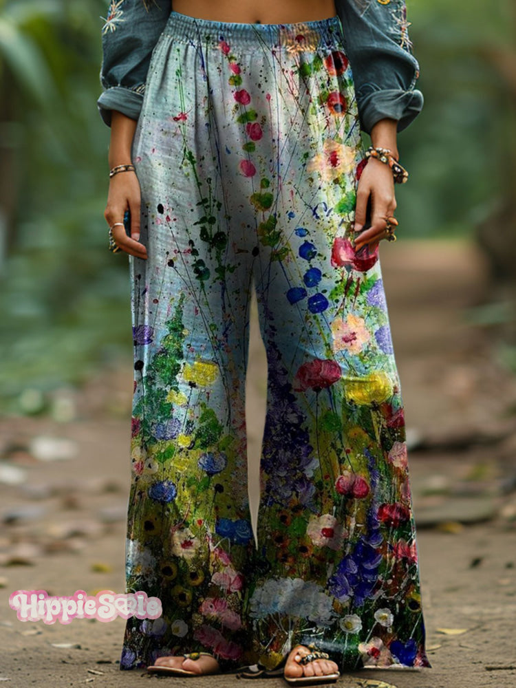 Women&rsquo;s Blue Sky Floral Art Print Cotton And Linen Wide Leg Pants Multicolor / S