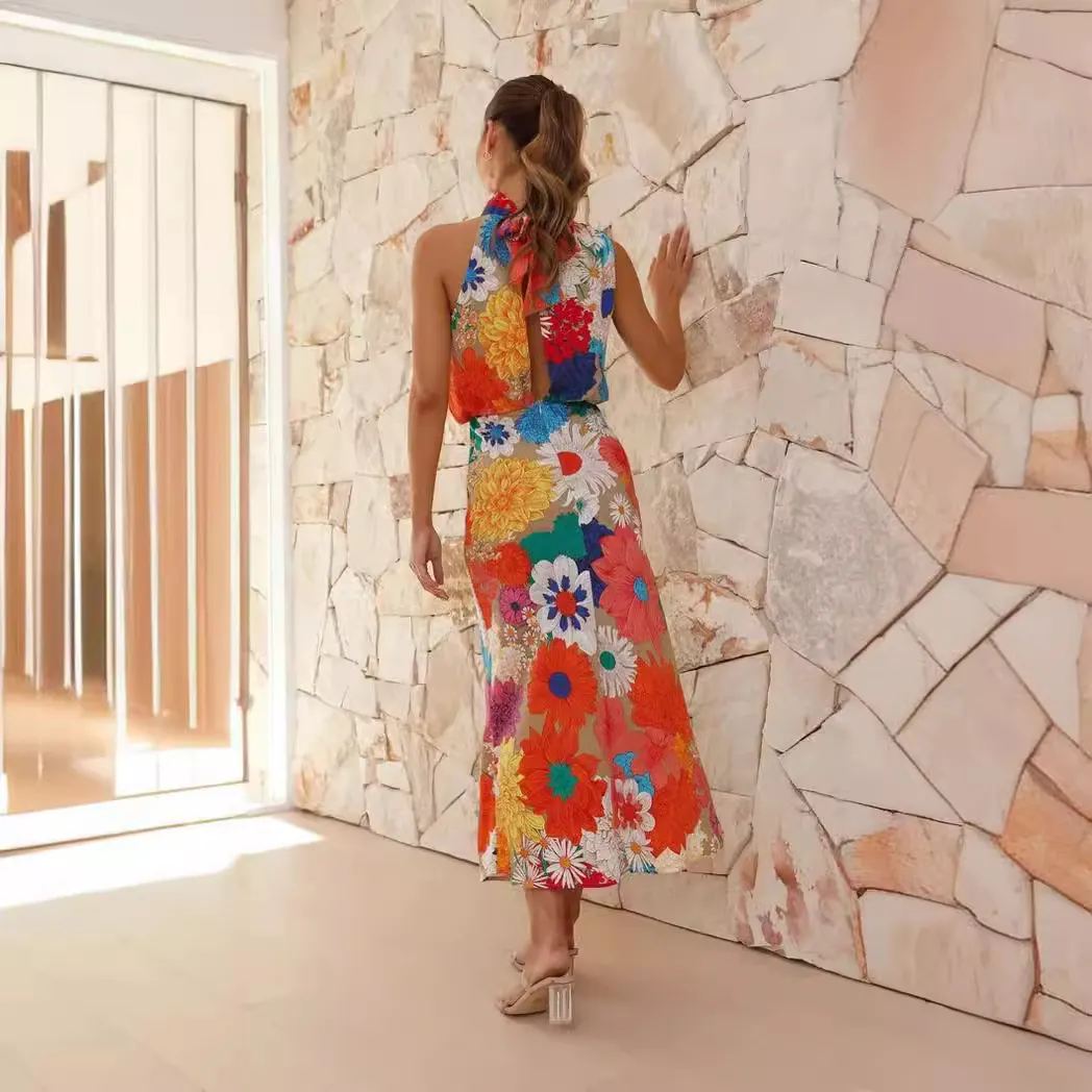 Brownm Brownm Years Holiday Style Fashion Print Hanging Neck Sleeveless Waist Dress-23117-1