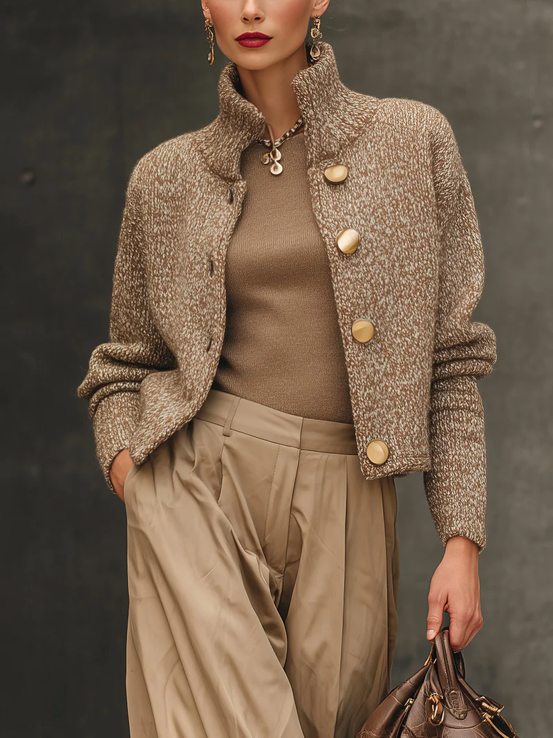 Mixed Color Knit High Collar Buttoned Cardigan