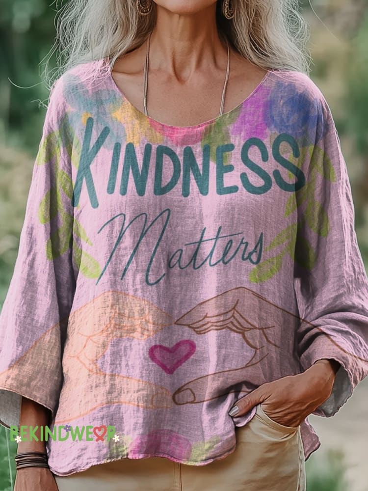 Kindness Matters Romantic Heart Print Casual Cotton and Linen Top Multicolor / S