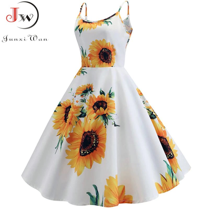 Churchf Sexy Spaghetti Strap Swing Vintage Rockabilly Dresses Floral Summer Beach Dress Women  White Boho Sunflower Midi Dresses-Outfit Ideas