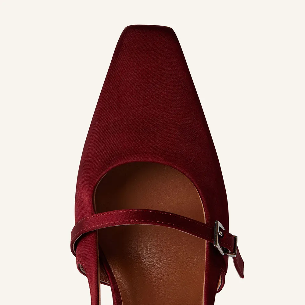 Elegant Red Satin Square Toe Slingback Heels with Buckle Strap