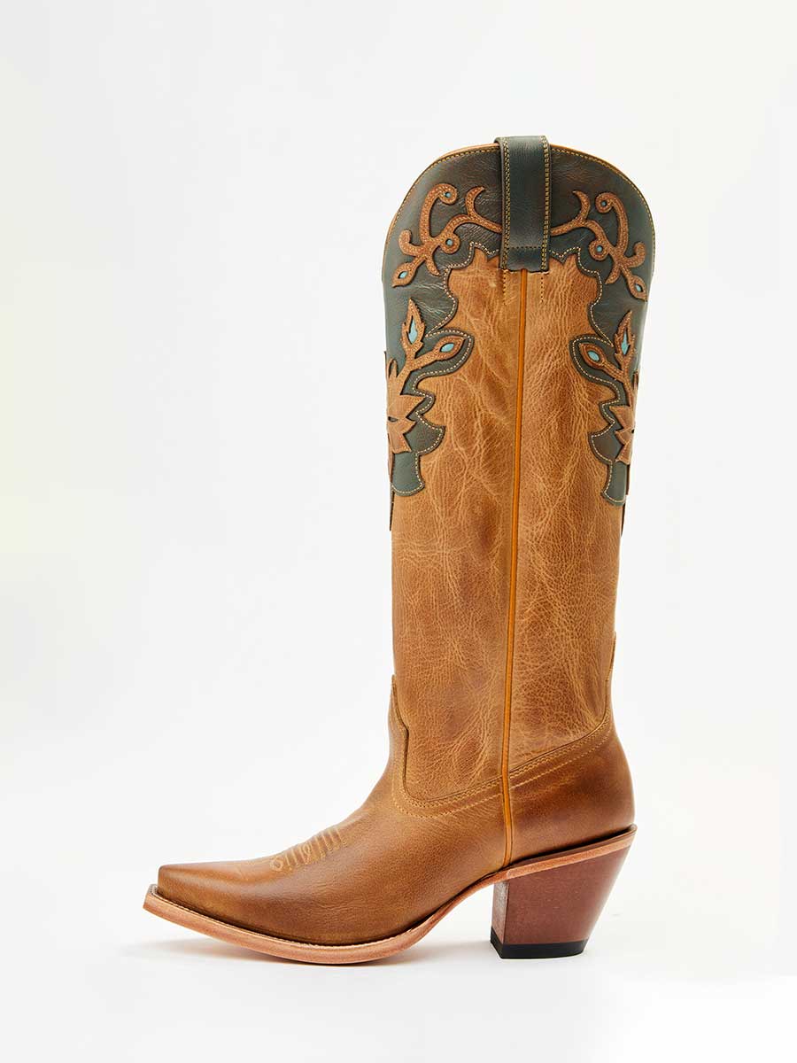 Brown Vegan Leather Snip Toe Floral Patchwork Knee High Cowgirl Boots