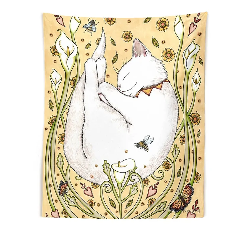 Cat Tapestry Botanical Flower Wall Hanging Cute cat Living Room Bedroom Home Decor Tapestry Art Wall Decoration Tapestries Art
