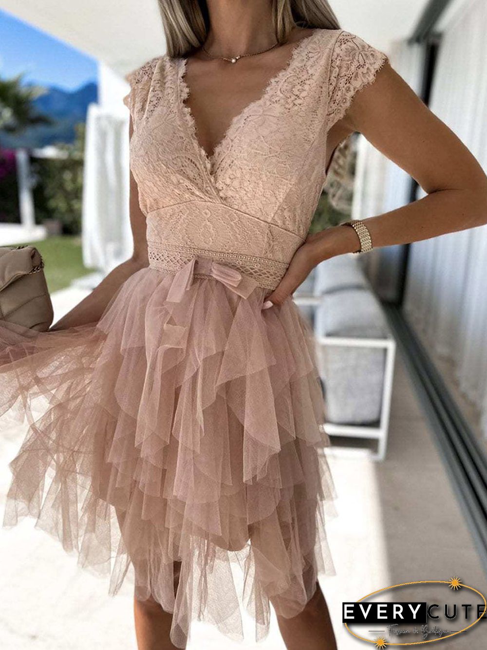 Pleated Dress Women Summer Deep V-Neck Sweet Sleeveless Solid Ladies Party Dress Lace Sexy Holiday Streetwear Dropshipping
