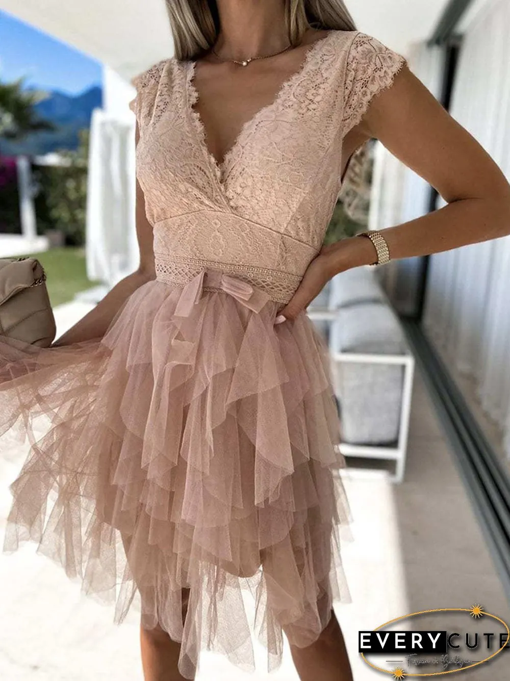 Pleated Dress Women Summer Deep V-Neck Sweet Sleeveless Solid Ladies Party Dress Lace Sexy Holiday Streetwear Dropshipping