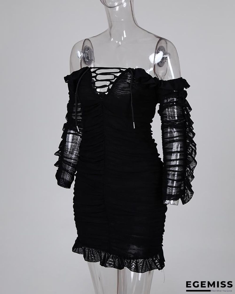 Solid Lace-Up Off Shoulder Ruffles Ruched Dress Black Dresses | EGEMISS