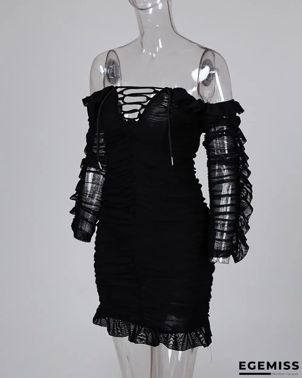 Solid Lace-Up Off Shoulder Ruffles Ruched Dress Black Dresses | EGEMISS