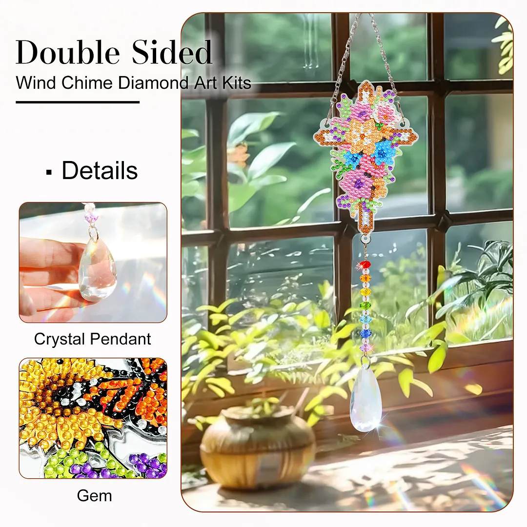 2Pcs Flower Cross DIY Acrylic Diamond Painting Art Wind Chimes with Crystal Pendant Diamond Art Hanging Pendant Double-Sided for Adults Beginners Gift Home Garden Decor