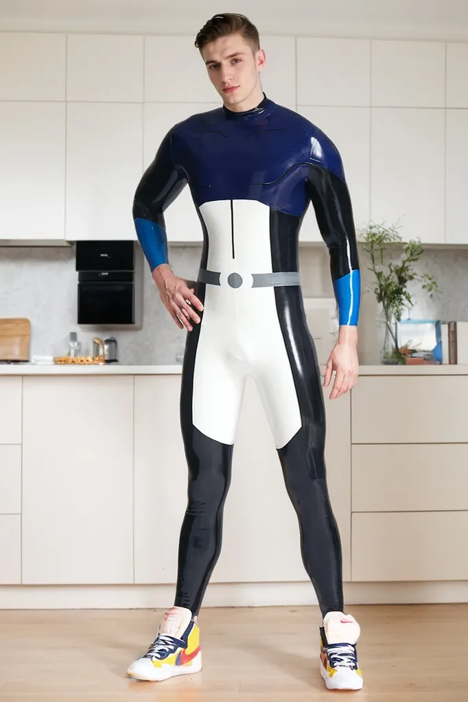 Men Latex Catsuits Back Zipper Sky Guardian Warrior Superhero Blue