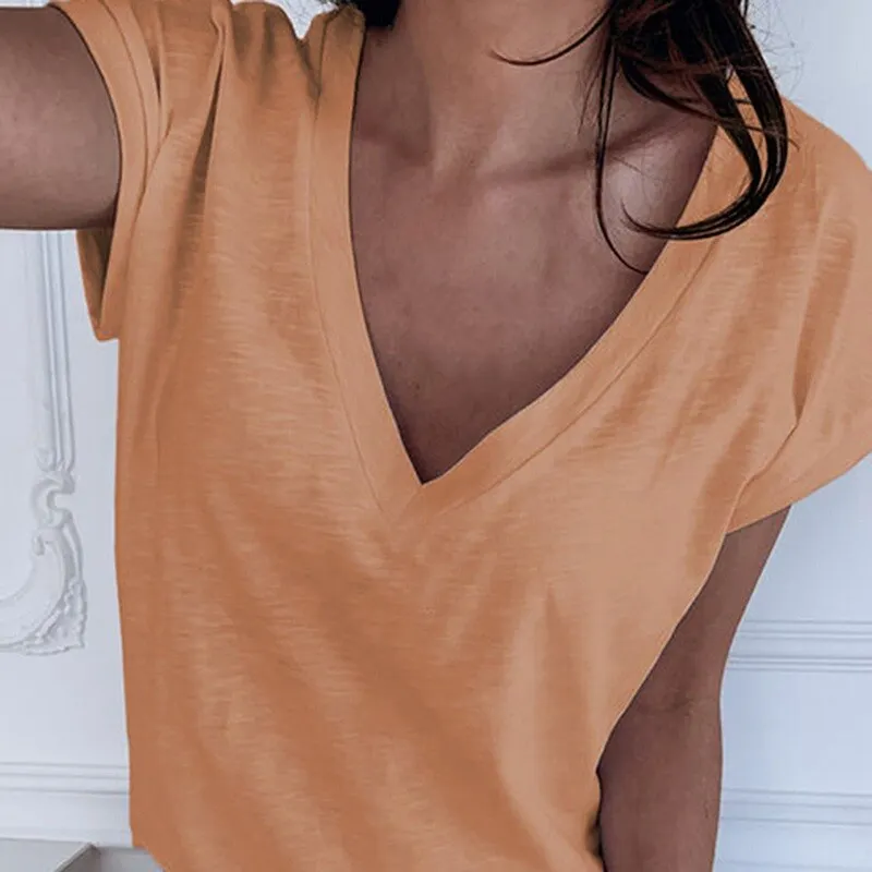 Women Short Sleeve Female 2021 Summer V Neck Tops Casual T Shirts Basic Tops Pentagram Bamboo Fiber Women's Tees Plus Size 5XL